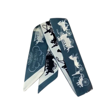 Load image into Gallery viewer, Equestrian Horse Pattern Design Skinny Scarf in shades of black white and teal