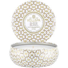 Load image into Gallery viewer, Voluspa Suede Blanc 3 Wick Tin Candle with lid open showing candle