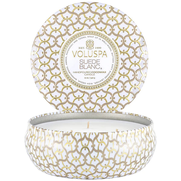 Voluspa Suede Blanc 3 Wick Tin Candle - 12 oz. – AGAPANTHUS