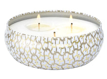 Load image into Gallery viewer, Voluspa Suede Blanc 3 Wick Tin Candle with three wicks lit