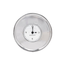 Load image into Gallery viewer, Mariposa Signature Round Clock white and black clock with 12, 3, 6, and 9 clock face surrounded by wide silver colored border