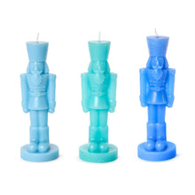 Load image into Gallery viewer, three Sculpted Nutcracker Candle in three shades of blue