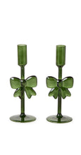 Load image into Gallery viewer, two green glass candle holders with decorative glass blow accent