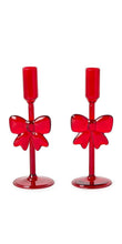 Load image into Gallery viewer, two red glass candle holders with decorative glass blow accent
