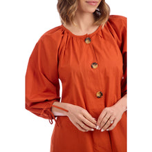 Load image into Gallery viewer, close up of sleeves and large buttons on the Pheebes Button Down Dress Rust