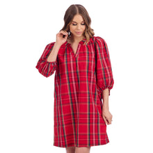 Load image into Gallery viewer, short red plaid dress with puffed 3/4 sleeves