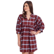 Load image into Gallery viewer, brown plaid dress with puffed 3/4 sleeves