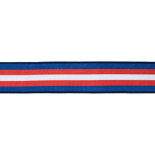 Load image into Gallery viewer, Wired Dupioni 2 1/2" Red/White/Blue Center Stripe w/ Blue Backing Ribbon - ribbon stripe pattern is blue, red, white, red, blue