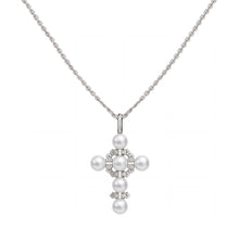 Load image into Gallery viewer, Crislu Brilliant & Pearl Cluster Cross Necklace in platinum silver