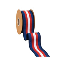 Load image into Gallery viewer, Wired Dupioni 2 1/2" Red/White/Blue Center Stripe w/ Blue Backing Ribbon on a spool on a spool