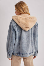 Load image into Gallery viewer, person wearing a Faux Fur Hooded Denim Jacket in a Light Wash