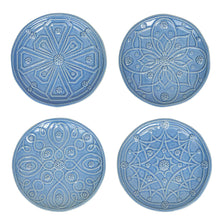 Load image into Gallery viewer, Juliska Jardins Du Monde Side/Cocktail Plate Assorted Set/4 n a soft blue with slightly lighter raised designs each plate is unique