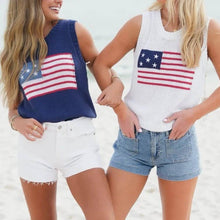 Load image into Gallery viewer, two people in Crew Neck American Flag Knit Tank Top one blue with flag one white with flag