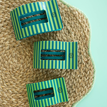 Load image into Gallery viewer, three sizes of light green and teal striped TELETIES Cabana Cutie Flat Rectangle Hair Clips