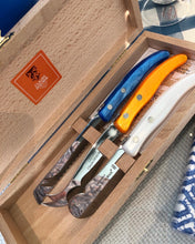 Load image into Gallery viewer, Claude Dozorme Berlingot Boxed Breakfast Knife Set - White/Orange/Bright Blue - Set of 3 - 7.5"L to 9"L