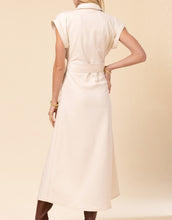 Load image into Gallery viewer, back view of off white dress with short sleeves, collar and wide belt