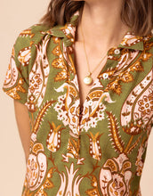 Load image into Gallery viewer, close up of the collar on the Devin Polo Dress Mercer House Damask Olive