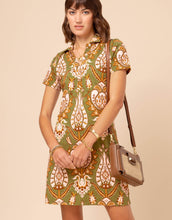 Load image into Gallery viewer, woman wearing a green and tan print dress