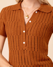 Load image into Gallery viewer, close up of the Chantel Crochet Polo Pecan top