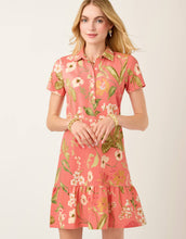 Load image into Gallery viewer, short pink dress with tan and green floral pattern, short sleeves, collar and ruffle hem