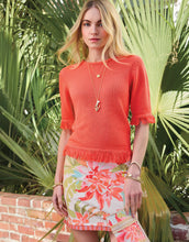 Load image into Gallery viewer, woman wearing Spartina 449 Sofia Fringe Sweater Emberglow short sleeve sweater with fringe at sleeves and hem