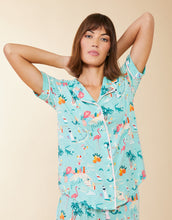 Load image into Gallery viewer, Spartina 449 Pajama Short Sleeve Top Florida - fabric is light blue fabric with colorful Florida themed motifs collared neckline short sleeves and button up front