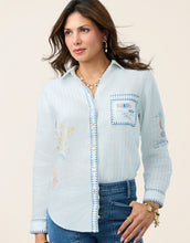 Load image into Gallery viewer, Spartina 449 Aida Buttonfront Shirt Flagler Resort Stripe long sleeve light blue shirt with embroidered accents