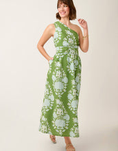Load image into Gallery viewer, woman wearing a one shoulder green and light blue floral print long dress