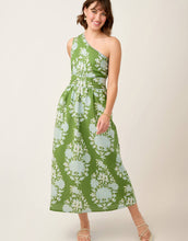 Load image into Gallery viewer, woman wearing a one shoulder green and light blue floral print long dress