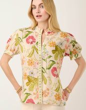 Load image into Gallery viewer, short sleeve blouse with ruffle neckline, button down front and cuffed short sleeves