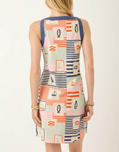 Load image into Gallery viewer, back view of woman in mid length sleeveless dress with fish. sailboat, and stripes pattern in orange light blue pink and navy pattern