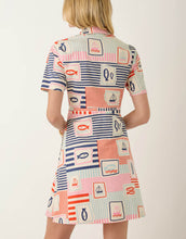 Load image into Gallery viewer, back of the ish and sail boat themed pattered short sleeve mid length dress