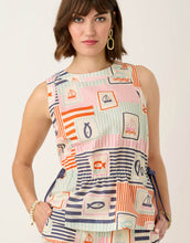 Load image into Gallery viewer, person wearing the Spartina 449 Nadia Sleeveless Blouse Admiral pattern. Sleeveless blouse with gathered waist and a pink, light blue, orange and navy nautical and stripe patter