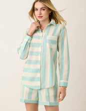 Load image into Gallery viewer, woman in Aida Buttonfront Shirt Admiral Stripe ling sleeve button up striped shirt and matching shorts
