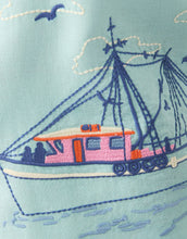 Load image into Gallery viewer, close up of blue pink and orange embroidery of a shrimp boat