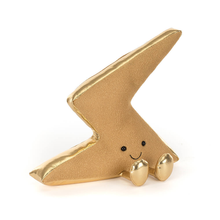 Load image into Gallery viewer, Gold lightning bolt-shaped object with a smiling face on a white background