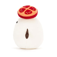 Load image into Gallery viewer, Jellycat Amuseables Mozzarella side view showing the tomato hat with embroidered seeds