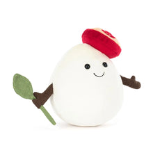Load image into Gallery viewer, white jellycat round, slightly teardrop shaped with black eyes and a smile, arms with one hand holding a basil leaf and a tomato 'hat'