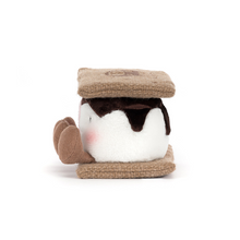 Load image into Gallery viewer, Plush toy shaped like two Marshmallows covered in chocolate and set between gram crackers each marshmallow has a smiling face and tan legs side view showing legs