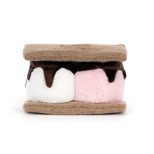 Load image into Gallery viewer, Plush toy shaped like two Marshmallows covered in chocolate and set between gram crackers back view showing one Marshmallow is white and the other is pink