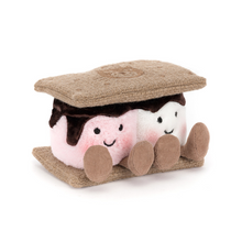 Load image into Gallery viewer, Plush toy shaped like two Marshmallows covered in chocolate and set between gram crackers each marshmallow has a smiling face and tan legs