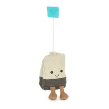 Load image into Gallery viewer, Jellycat Amuseables Steepy Tea Bag plush hanging from its string with a turquoise tag and dangling brown legs.