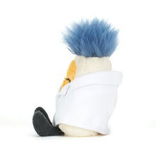 Load image into Gallery viewer, side view of Jellycat Amuseables Boiled Egg Scientist Outfit showing grey legs, fuzzy blue hair and lab coat