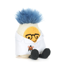 Load image into Gallery viewer, Jellycat Amuseables Boiled Egg Scientist Outfit egg shaped plushy with fuzzy blue hair, smilie face with glasses, white lab coat and grey legs