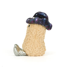 Load image into Gallery viewer, Side view of Jellycat Amuseables Peanut Space Rodeo Outfit peanut plushy with hat made with star pattern fabric and silver legs