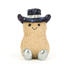 Load image into Gallery viewer, Jellycat Amuseables Peanut Space Rodeo Outfit peanut plushy with hat made with star pattern fabric, smiling face and silver legs
