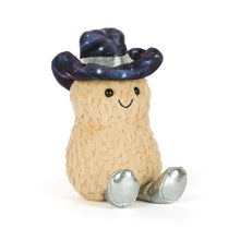 Load image into Gallery viewer, Jellycat Amuseables Peanut Space Rodeo Outfit peanut plushy with hat made with star pattern fabric, smiling face and silver legs