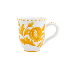 Load image into Gallery viewer, Vietri Arezzo Yellow Mug showing painted pomegranate design