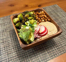 Load image into Gallery viewer, Square Acacia Wood Salad Bowl w/ Pedestal Base filled with food