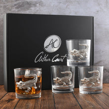 Load image into Gallery viewer, four short glasses with silver-colored alligator designs sitting next to a black Arthur Court branded box